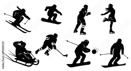 Winter Sports Silhouettes: Skiing, Snowboarding, Hockey, Skating, Sledding
