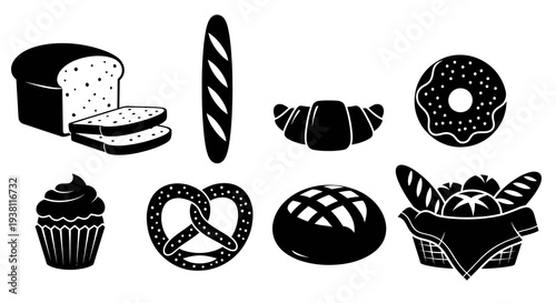 Black and White Bakery Icons: Bread, Croissant, Donut, Cupcake, Pretzel, Basket