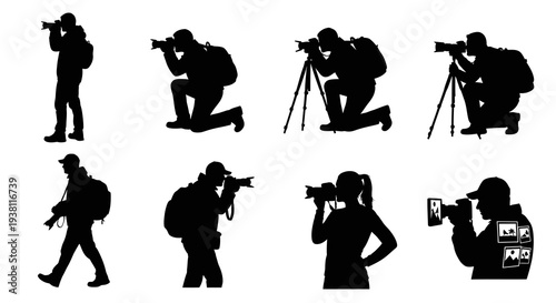 Photographer Silhouettes Set, Camera Gear, Black and White Vector Graphics