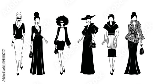Black and White Fashion Illustration: Diverse Women in Elegant Outfits