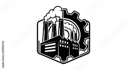 Industrial Factory with Smoke and Gear in Black and White Vector Art