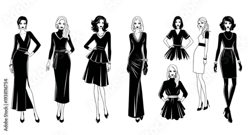 Black and White Fashionable Women in Dresses, Line Art