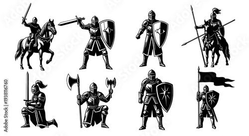 Black  White Line Art Knights in Armor with Swords and Shields