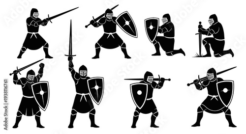 Black and White Knights with Swords and Shields Vector Set