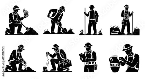 Archaeologist Excavating Dig Site With Tools and Artifacts Glyphs