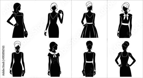 Fashionable Women Silhouettes, Black and White Vector Illustrations