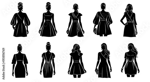 Black Silhouette Woman Fashion Dresses Icons Set Vector Art