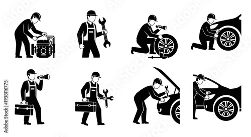 Black  White Mechanic Icons Set: Car Repair, Tools, Engine, Service