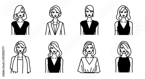 Vector Icons of Stylish Women in Black  White Line Art