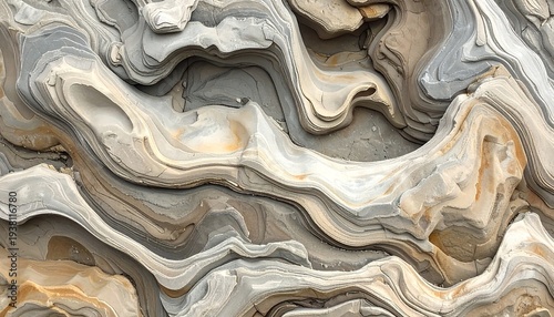Swirling, abstract rock layers with gray, beige, and orange hues create a textured, natural, organic pattern