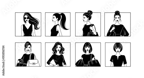 Black  White Fashion Women Vector Set