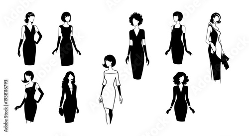 Black and White Fashion Silhouettes: Elegant Women in Dresses