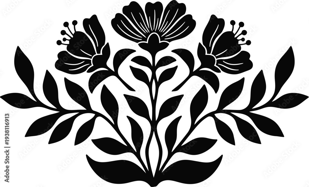 Obraz premium Modern Linocut Floral Illustration, Symmetrical Symmetrical Botanical Silhouette, Minimalist Hand-Carved Style Vector Art for Boho Decor, POD Design.