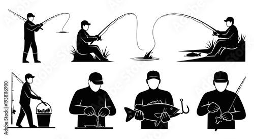 Black  White Fishing Icons: Fisherman Catching Fish, Baiting Hook