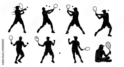 Tennis Player Silhouettes: Dynamic Action and Poses in Black and White