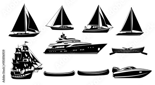 Black and white vector icons of various boats and ships