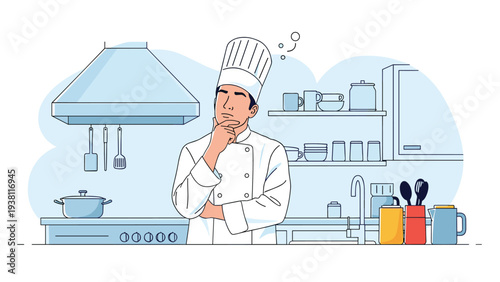 Professional chef in a white uniform and tall hat stands in a modern kitchen while thoughtfully contemplating new recipes or menu ideas.