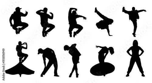 Black and White Hip Hop Dancers Silhouettes in Dynamic Poses