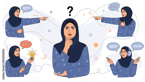 Diverse collage features a woman in a blue hijab expressing various emotions including thinking, pointing, listening, and shrugging.