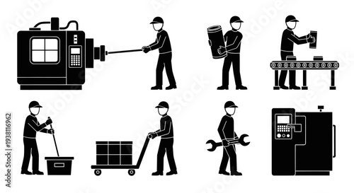 Black  White Glyph Icons of Factory Workers and Machinery