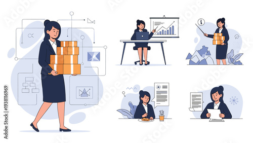 Busy businesswoman in a formal suit carries a stack of cardboard boxes while surrounded by a collage of her working and eating.