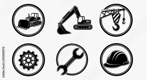 Construction Icons: Bulldozer, Excavator, Crane, Gear, Wrench, Hard Hat