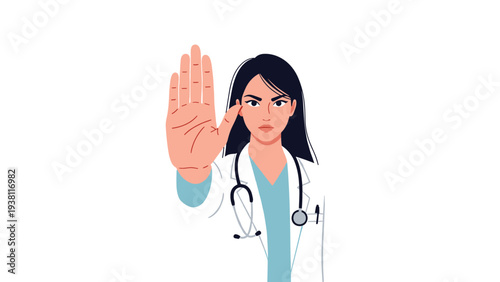 Female doctor wearing a stethoscope and white lab coat holds up her hand in a stop gesture to signal a firm warning or refusal.