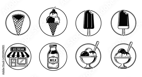 Black and White Ice Cream Icons Set, Cones, Popsicles, Shop, Milk