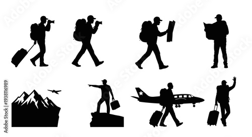 Travel  Adventure Silhouettes: Tourists with Luggage, Plane, Mountains, Map
