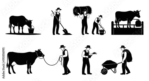 Farmwork Black and White Icons: Cow, Farmer, Hay, Wheelbarrow