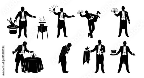 Magician Performing Tricks Silhouette Icons Black and White Set