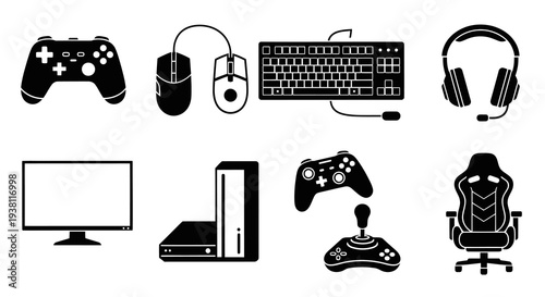 Black and White Gaming Gear Icons - Technology and Entertainment