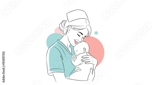 Gentle female nurse or a midwife holding a peacefully sleeping newborn baby in her arms on a soft colored background.