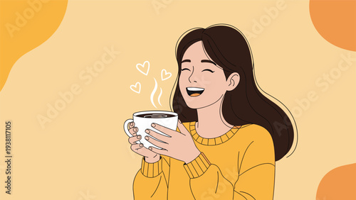 Happy young woman wearing a yellow sweater holds a warm cup of coffee while dreaming of love in a stylized setting.