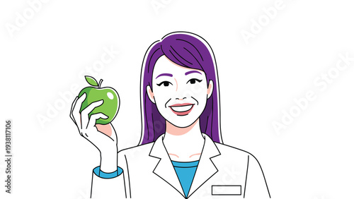 Cheerful female nutritionist or doctor in a white lab coat holding a fresh green apple while smiling at the camera.