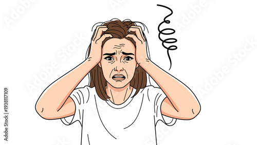 Stressed and frustrated woman in a white t-shirt pulling her hair out due to intense pressure or a severe headache.