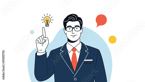 Professional businessman in a suit and tie smiling while pointing up to a light bulb icon representing a new creative idea.