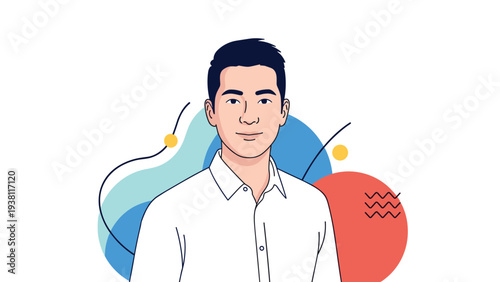 Confident young man in a professional white shirt smiling against a modern abstract background with colorful shapes.