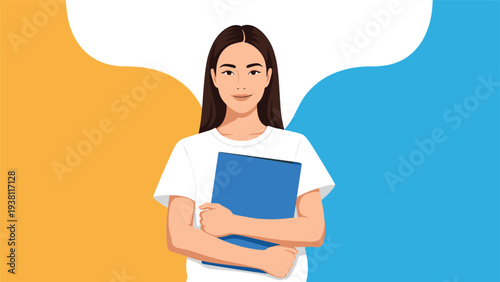 Confident young woman with long dark hair wearing a white t-shirt and holding a blue folder against a graphic background.