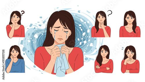 Collection of a woman character expressing various levels of sadness, grief, and emotional distress in different poses.