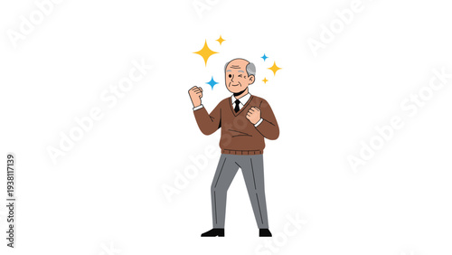 Energetic senior man celebrating a success with clenched fists and winking against a white background with gold stars.