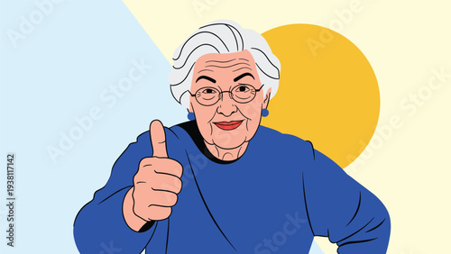 Cheerful senior woman with white hair and glasses giving a thumbs up sign of approval against a graphic background.