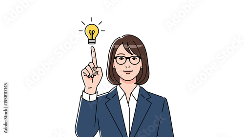 Professional businesswoman in a suit and glasses smiling while a light bulb icon glows above her pointing finger.