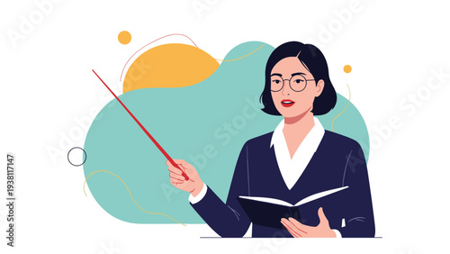 Female teacher or professor wearing glasses and a formal suit holding a pointer and a book while explaining a lesson.