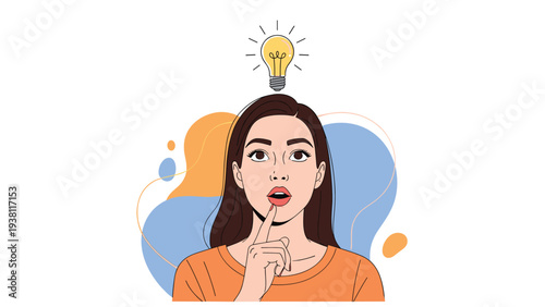 Young woman with a surprised expression looking up at a glowing light bulb representing a sudden insight or a great idea.