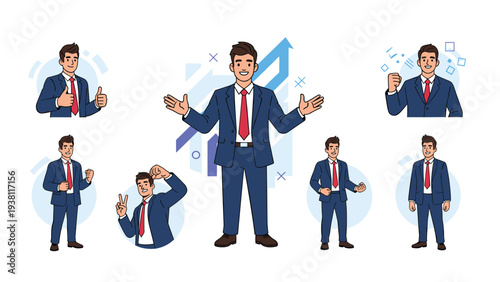 Comprehensive set of a young businessman character in a blue suit showing different poses, emotions, and gestures.
