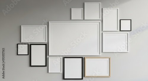 Gallery wall art mockup set with multiple empty frames in modern neutral interior. Minimal home decor scene ready for artwork, poster, or design presentation.
