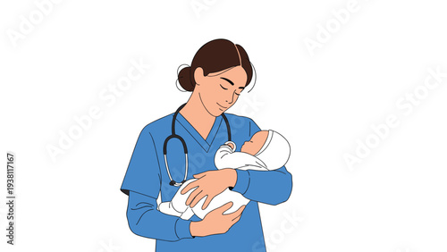 Compassionate female nurse or doctor in blue scrubs holding a sleeping newborn baby against a plain white background.