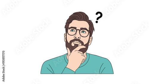 Confused man with a beard and glasses touching his chin and looking up at a black question mark icon above him.