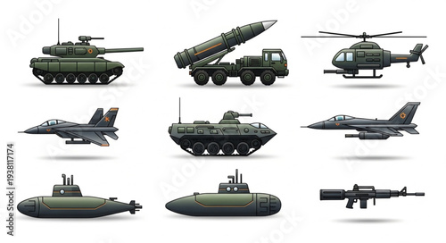 Collection of military vehicles and aircraft.